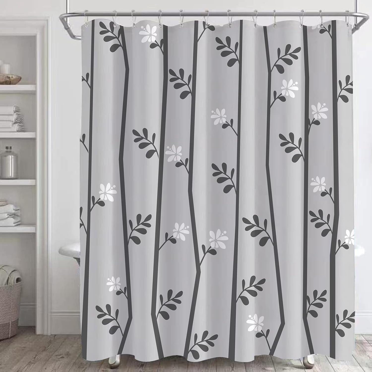 Grey White Shower Curtain 72x72in, Branch Floral Shower Curtains set for bathroom with 12 Hooks ...