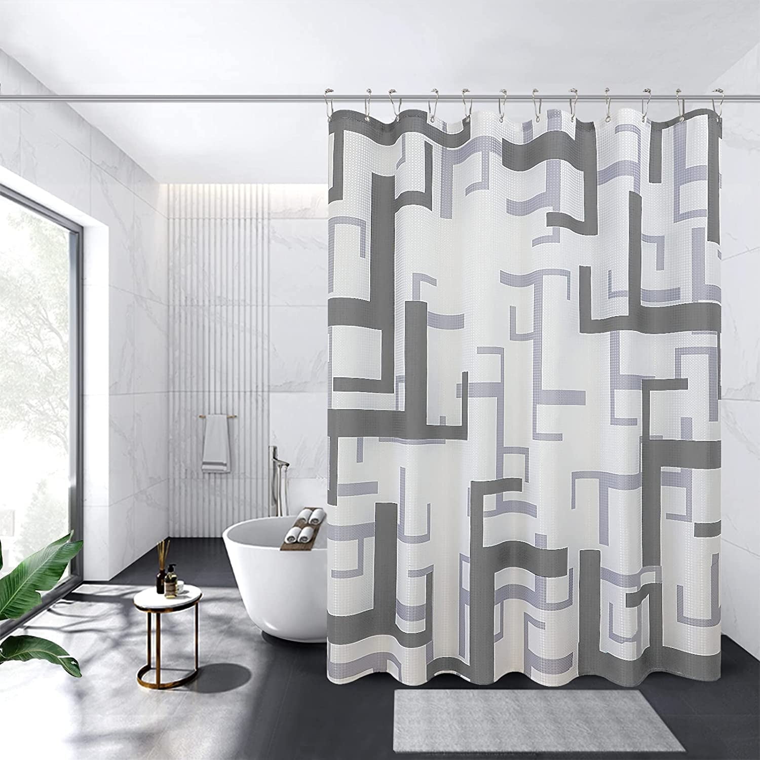 Grey and White Shower Curtain for Bathroom with Hooks Modern Geomertic ...