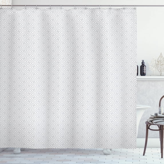 Grey and White Shower Curtain, Labyrinth Maze Style Pattern Grid Retro Pattern with Angled Lines, Fabric Bathroom Set with Hooks, 69W X 75L Inches Long, Pale Grey and White, by Ambesonne