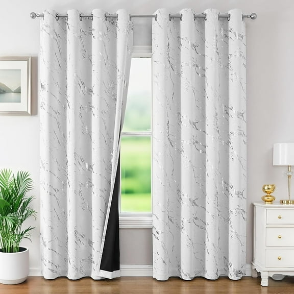 Grey White and Silver Blackout Curtains for Bedroom, Marble Patterned Grommet Curtain Modern Silver Metallic Thermal Insulated Drapes for Living Room 42"W x 84"L (Pack of 2)