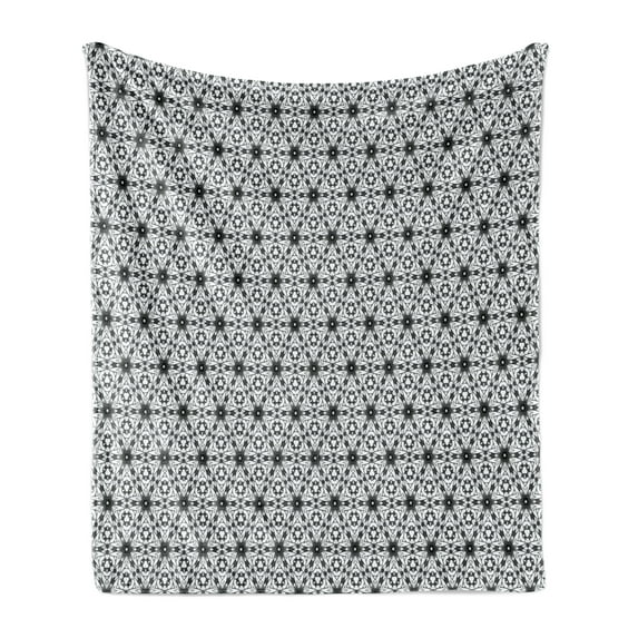 Grey and White Soft Flannel Fleece Blanket, Boho Style Greyscale Flower Motifs with Eastern Art Inspiration, Cozy Plush for Indoor and Outdoor Use, 70" x 90", Charcoal Grey and White, by Ambesonne