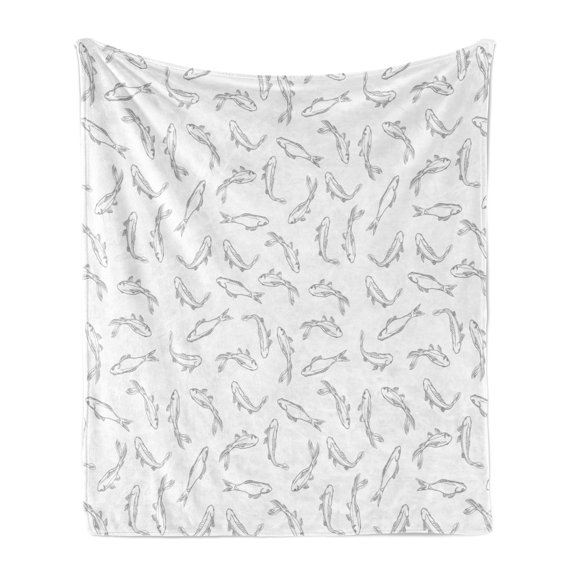 Grey and White Soft Flannel Fleece Blanket, Fish Pattern Underwater Animals Abstract Marine Lake Peaceful Illustration, Cozy Plush for Indoor and Outdoor Use, 50" x 60", Grey White, by Ambesonne