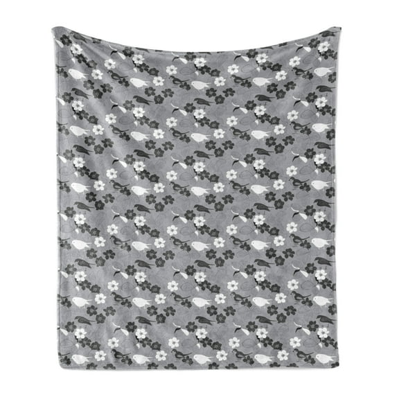 Grey and White Soft Flannel Fleece Throw Blanket, Bird Silhouettes Among Blooming Flowers and Leaves, Cozy Plush for Indoor and Outdoor Use, 50" x 70", Charcoal Grey White, by Ambesonne