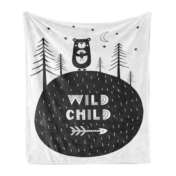 Grey and White Soft Flannel Fleece Throw Blanket, Hand Drawn Bear Holding a Fish with a Smile in Forest Wild Child, Cozy Plush for Indoor and Outdoor Use, 50" x 60", White Charcoal Grey, by Ambesonne