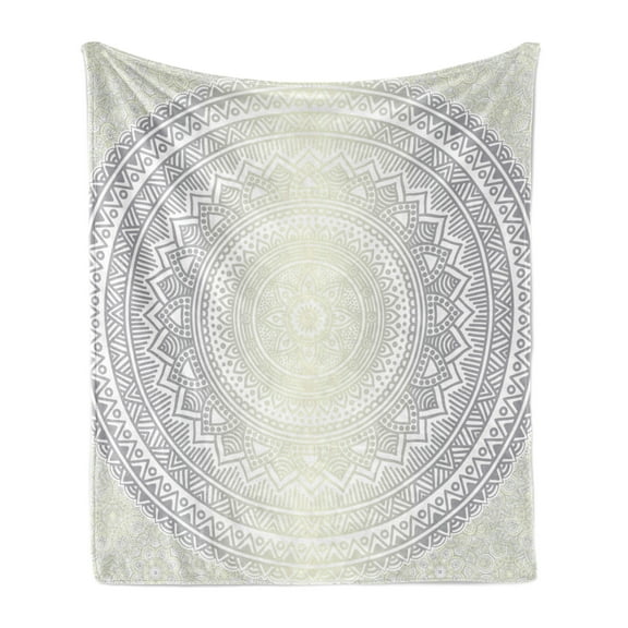 Grey and White Soft Flannel Fleece Throw Blanket, Medallion Pattern Round Shape Mandala Hippie Ombre Retro Culture Design, Cozy Plush for Indoor and Outdoor Use, 60" x 80", Grey White, by Ambesonne