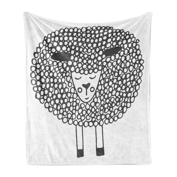 Grey and White Soft Flannel Fleece Throw Blanket, Monochrome Sheep with Doodle Design Farm Animal Illustration, Cozy Plush for Indoor and Outdoor Use, 70" x 90", Charcoal Grey and White, by Ambesonne