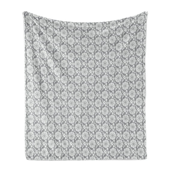 Grey and White Soft Flannel Fleece Throw Blanket, Rich Royal Victorian Garden Pattern Petals and Leaves Antique Look, Cozy Plush for Indoor and Outdoor Use, 50" x 60", Grey White, by Ambesonne
