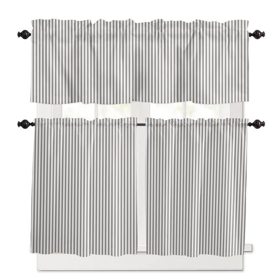 Grey and White Stripe Pattern Kitchen Curtains Valances and Tiers Set of 3, 24 Inch Length Tier Curtains and Valance Rod Pocket Valance Curtains Set for Kitchen Bathroom Small Windows