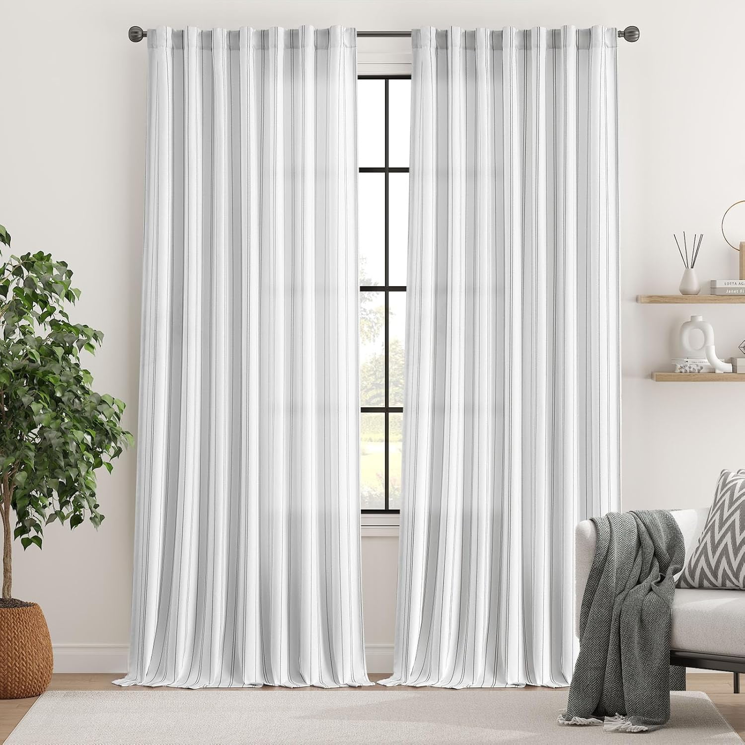 Grey and White Striped Curtains, 96 Inch Long, Living Room &amp; Bedroom ...