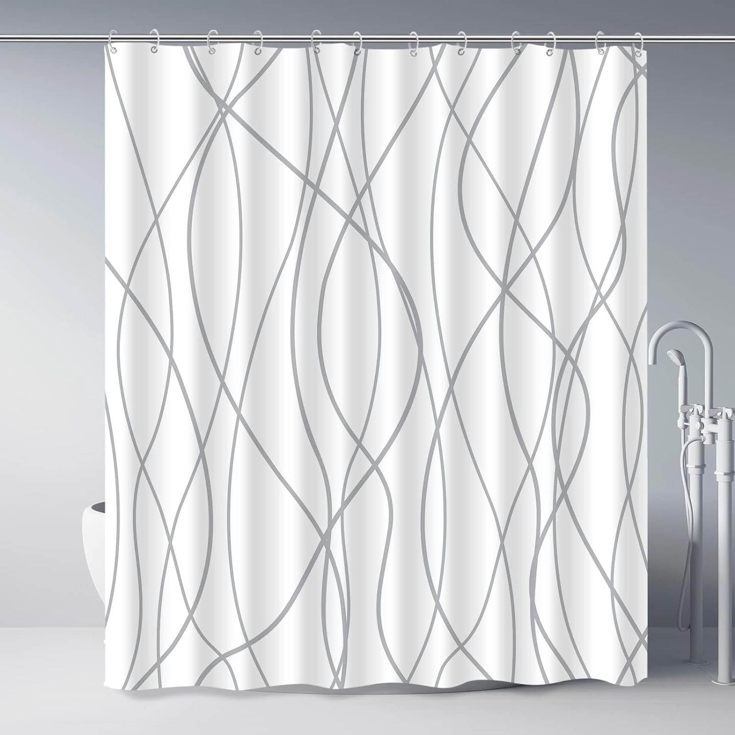 Grey and White Striped Fabric Shower Curtain for Bathroom with 12 Hooks, Curtains 72 Inches Long ...
