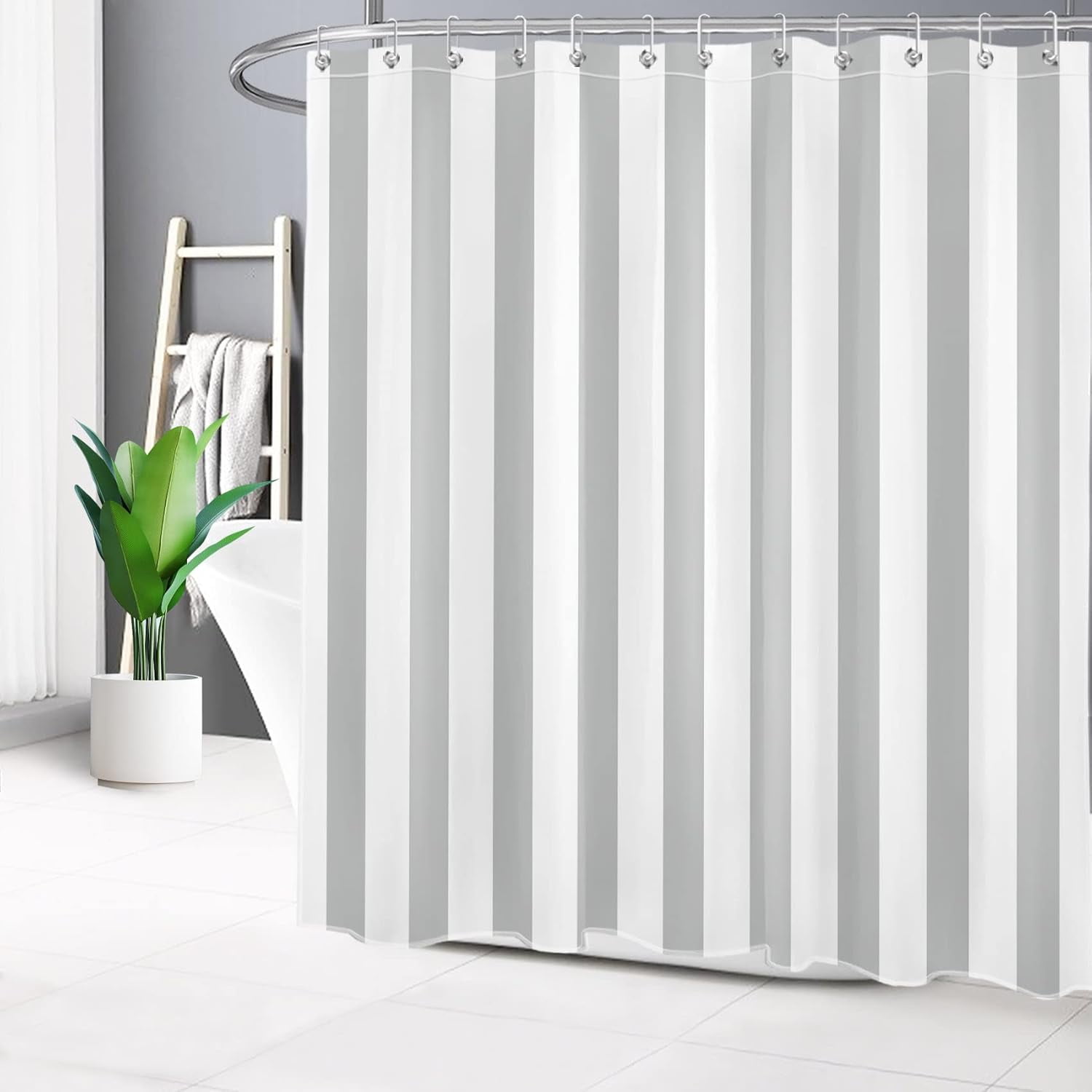 Grey and White Striped Fabric Shower Curtain for Bathroom with 12 Hooks ...
