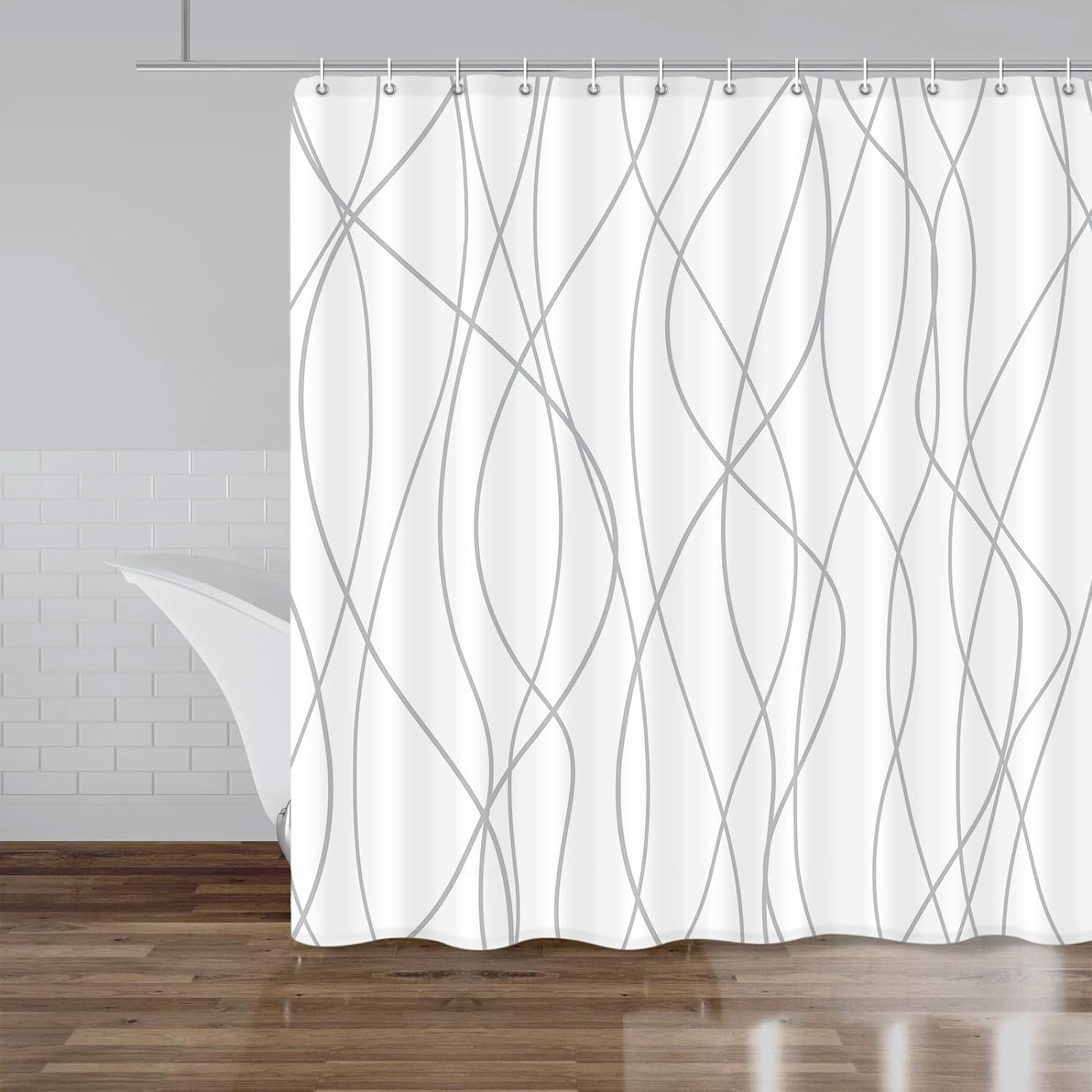 Grey and White Striped Fabric Shower Curtain for Bathroom with 14 Hooks, Shower Curtains for Bathroom Decor, Waterproof Bath Accessories Hotel Style - Machine Washable 84 X 72