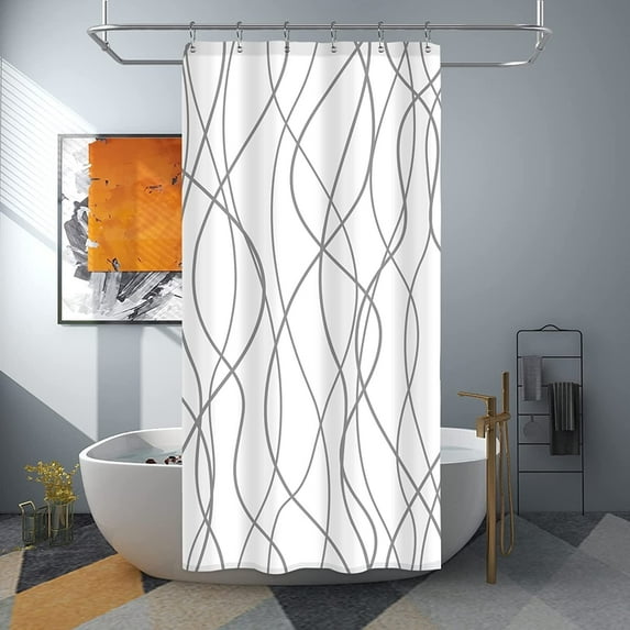 Grey and White Striped Fabric Shower Curtain for Bathroom with 8 Hooks, Shower Curtains for Bathroom Decoration 36x72 Inch with Hooks Weighted Hem,Waterproof Bath Accessories Hotel Style