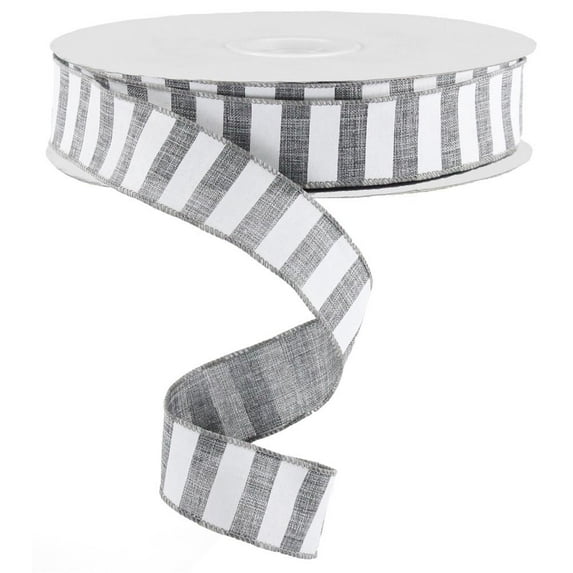 Grey White Striped Fabric Wired Ribbon (1.5 Inches x 50 Yards)TR80809-R7