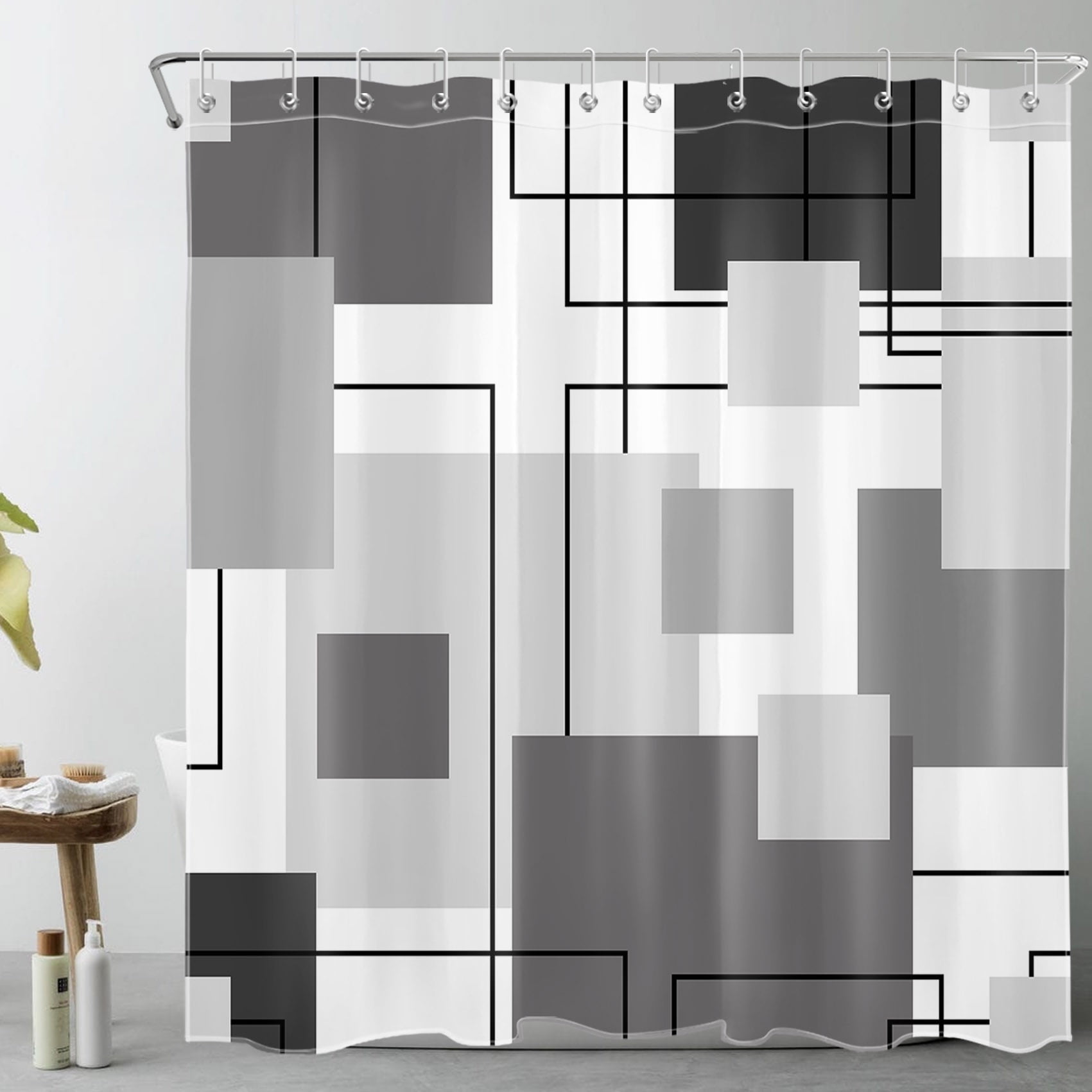 Grey and White Striped Geometric Shower Curtain Decor, Abstract Mid Century Modern Black Shower Curtains for Bathroom 69X70 inch Polyester Fabric Bathroom Decoration Bath Curtains Hooks Included