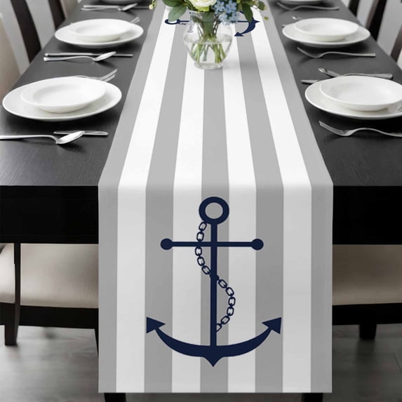 Grey White Striped Table Runner 72 Inches Long, Navy Blue Beach Nautical Anchor Ocean Coastal Kitchen Coffee Dining Table Decoration for Home Party Birthday Wedding Home Decor 18x72 Inches