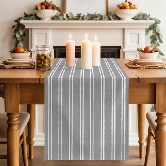 Grey White Stripes Dining Table Runner, Modern Grey Verticals Lines Washable Table Runners Kitchen Coffee Table Center Decor for Home Party Holiday Wedding 13 x 36 Inches
