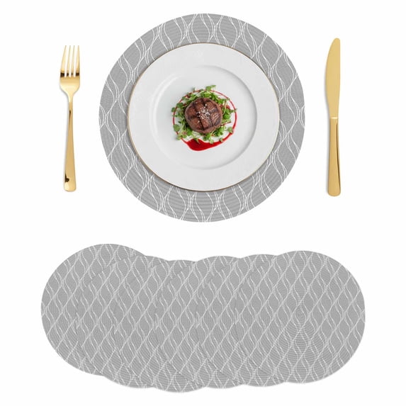 Grey White Stripes Round 13 Inch Placemats Set of 6, Simple Geometric Modern Monochrome HeatResistant Non Slip Place Mats for Dining Table, Wipeable Braided Kitchen Table Mats for Housewarming
