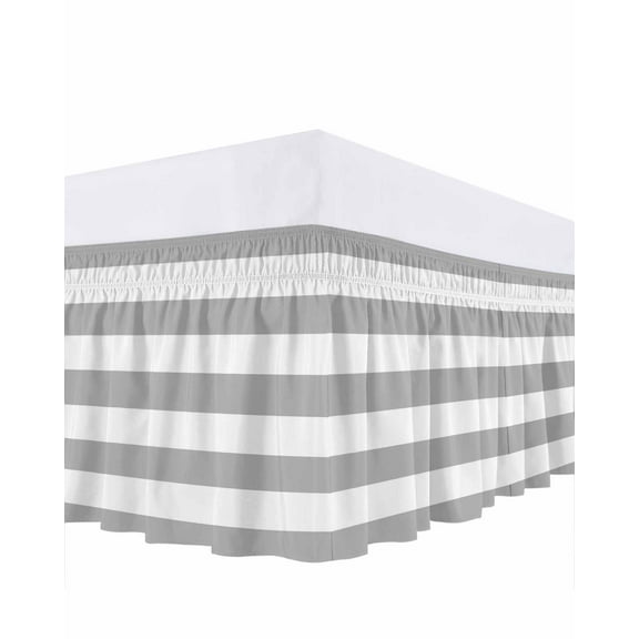 Grey White Stripes Simple Bed Skirt Queen Size 18" Drop Geometric Ruffled Wrap Around Bed Skirts Adjustable Elastic Bedskirt Dust Ruffle for Queen Size Bed