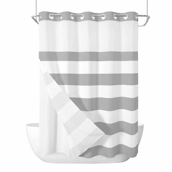 Grey White Stripes Simple No Hook Shower Curtain with Snap in Liner, Geometric Waterproof Shower Curtain for Bathroom with Top Sheer Window, 72x84 Inch