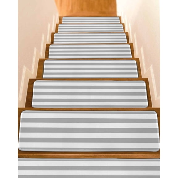 Grey White Stripes Simple Stair Treads Non Slip for Steps Geometric 15 Pcs Reusable Adhesive Stair Runner Mats for Dogs Elders Carpet Treads Rugs for Staircase 8x30 In