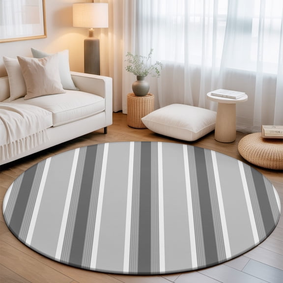 Grey White Stripes Small Round Rug 3Ft Modern Minimalist Grey Lines Area Rugs Washable Non Slip Indoor Floor Mats Circle Carpet for Living Room Bedroom Dining Room Home Decor