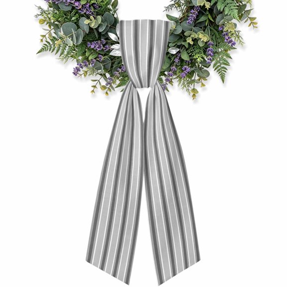 Grey White Stripes Wreath Sash for Front Door, Modern Minimalist Grey Lines Satin Wreath Ribbon Bow Accessory Garland Home Decor for Doorway Porch Yard 4.5x56