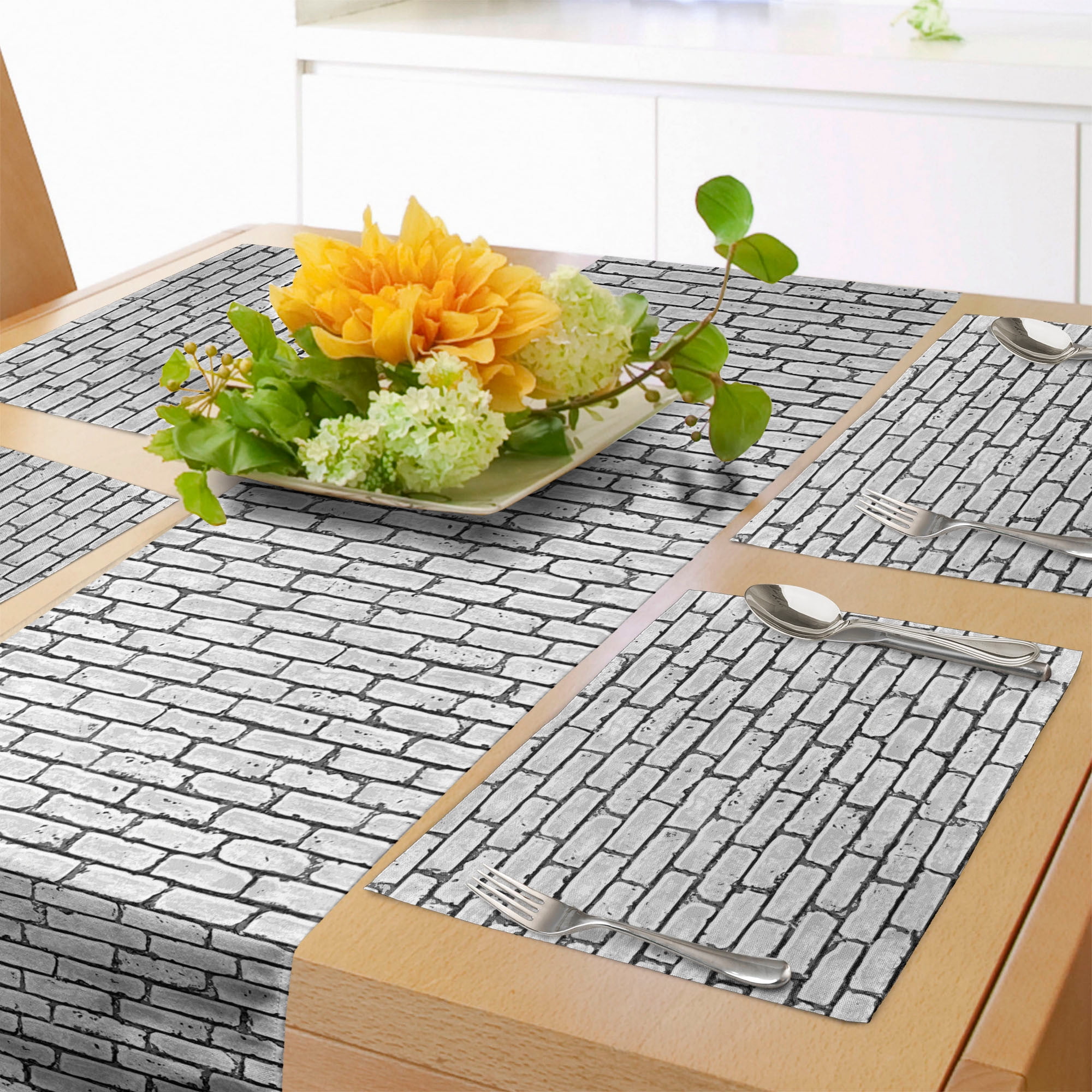Grey and White Table Runner & Placemats, Grunge Brick Wall Background