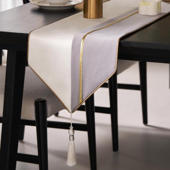 Grey & White Table Runner with Tassels, 12 x 72 Inch Modern Luxury Geometric Table Runner for Coffee Table, Dining Table, Console & Dresser, Decorative Fabric Table Scarf for  Decor