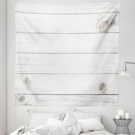 Grey and White Tapestry, Wooden Planks Horizontal Lines Rustic Timber Soft Tone Oak Background House Image, Fabric Wall Hanging Decor for Bedroom Living Room Dorm, 5 Sizes, White, by Ambesonne