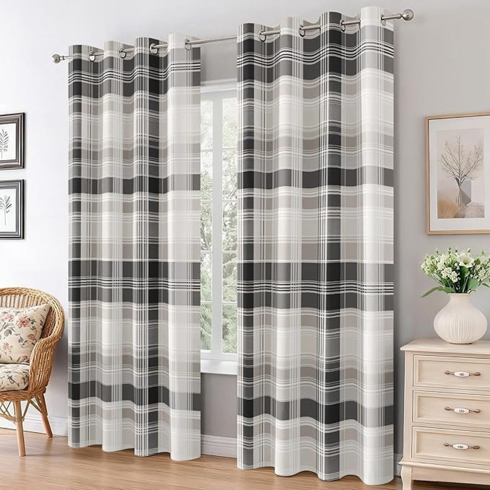 Grey White Tartan Curtains for Living Room, Thermal Insulated Farmhouse ...