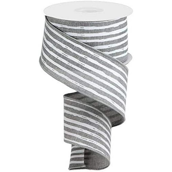 Grey & White Vertical Stripe Wired Edge Ribbon - 10 Yards 2.5"
