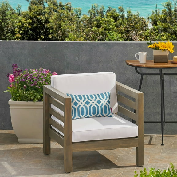 Grey + White Wood Club Chair With Stable And Frame Mid-century Modern Soft Seat Cushions