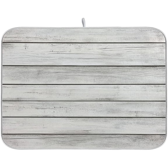 Grey White Wooden Pattern Dish Drying Mat for Kitchen Counter Absorbent Reversible Microfiber Drying Pad Countertop Drainer Mats, Small 16 x 18 inch