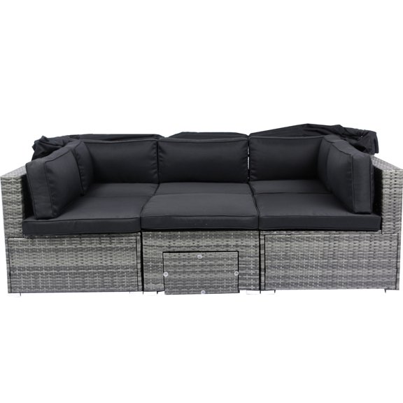 Grey Wicker & Black Cushion - UV - Resistant Retractable Canopy - Poolside & Outdoor Gathering - Rust - Resistant Frame
