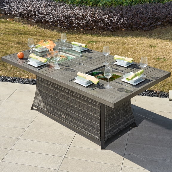 Direct Wicker Rectangular Wicker Patio Outdoor Fire Pit Table with Ice Bucket and Wind Guard, Gray