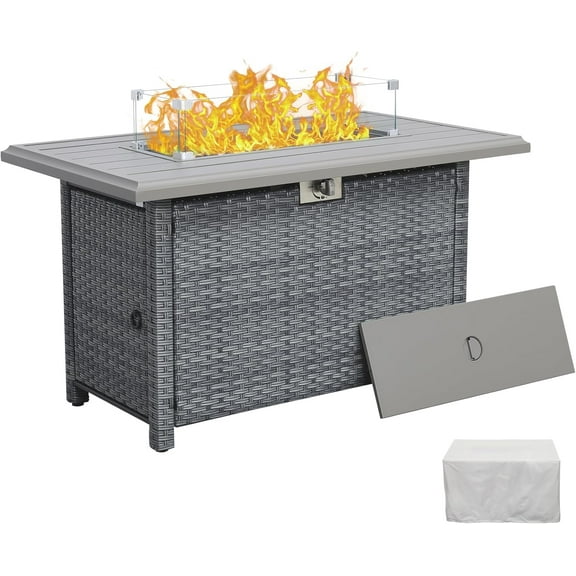 Grey Wicker Propane Fire Pit Outdoor Fire Pit Table 60000 BTU 43 Inch Gas Fire Pit with Steel Grille Tabletop Double Fire Tube$$Garden & Patio