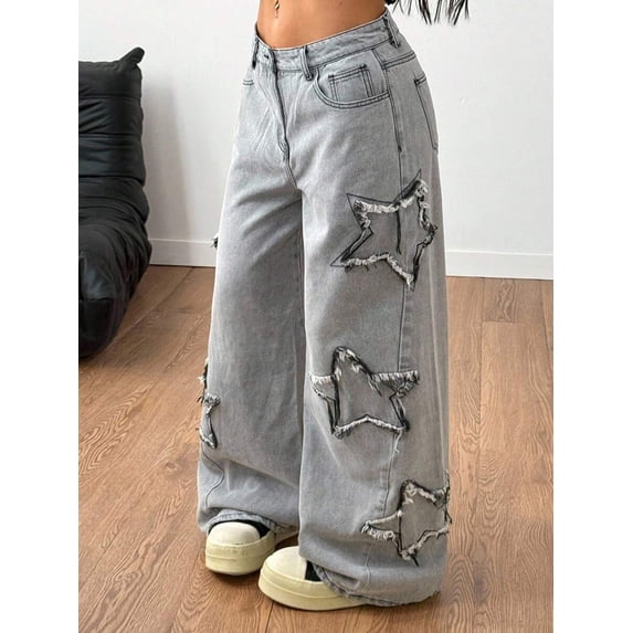 Grey Wide-Leg Baggy Jeans With Distressed Star Appliqué For Women