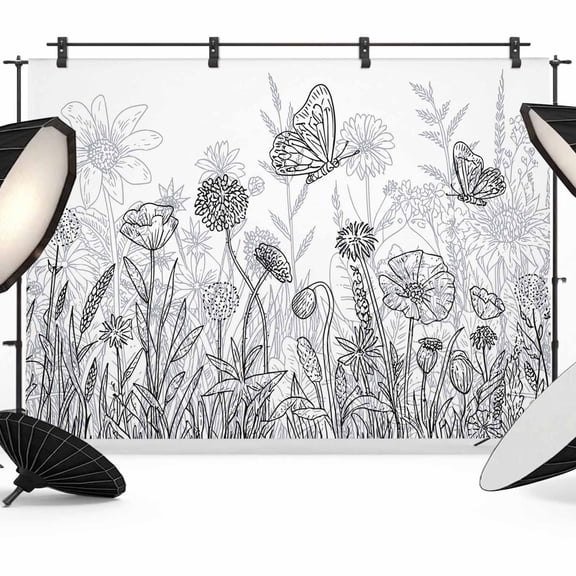 Grey Wildflowers Backdrop for Photoshoot,Photography Photo Studio Background Wall Backdrop,Modern Spring Floral Butterfly Plant Back Drop Banner Panel for Portraits Wedding Party Live Streaming 7x5Ft