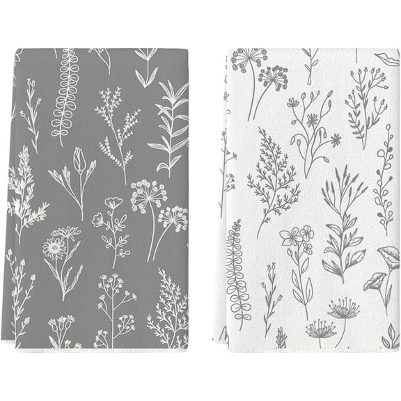 Grey Wildflowers Herb Spring Kitchen Towels Dish Towels, 18x26 Inch Seasonal Summer Decoration Hand Towels Set of 2