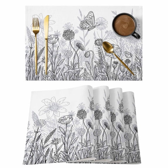 Grey Wildflowers Placemats Set of 8, Modern Spring Floral Butterfly Plant Placemats for Dining Table, Place Mats for Kitchen Tabletop, Waterproof Wipeable Dining Table Mats Set