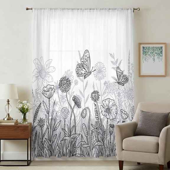 Grey Wildflowers Sheer Curtains 45 Inches Long, Modern Spring Floral Butterfly Plant Light Filering Curtains, Breathable Simi Curtain Privacy Drapes for Kitchen Bathroom Small Window Treatment