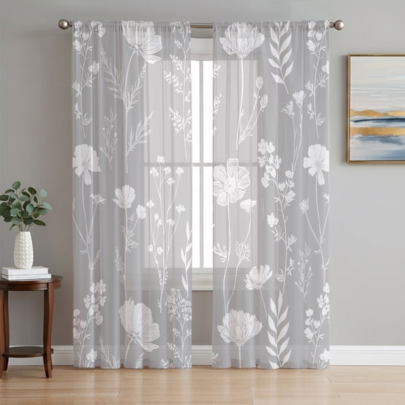 Grey Wildflowers Sheer Curtains 84 Inches Long, Farmhouse Floral Botanical Leaves Light Filtering Window Curtains for Living Room/Bedroom, Rod Pocket Voile Sheer Curtain Drapes, 52"W x 84"L, 2 Panels