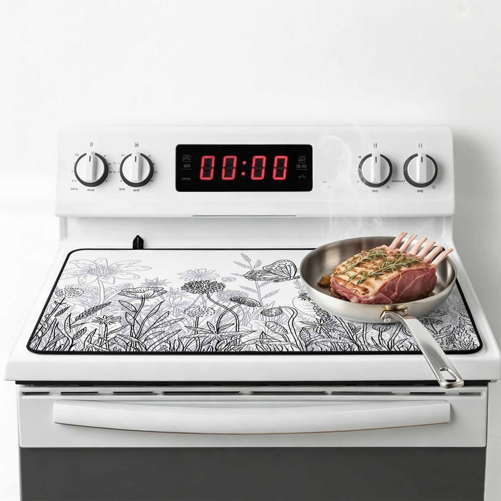 Grey Wildflowers Stove Top Cover for Electric Stove, Heat-proof & Non Slip Glass Top Stove Cover Protector, Modern Spring Floral Butterfly Plant Kitchen Flat Cooktop Rubber Mat 24x21 Inches