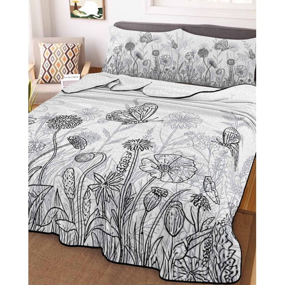 Grey Wildflowers Twin XL Size Down Alternative Comforter, Lightweight Comforter Quilt Bedding Set with Pillow Shams Modern Spring Floral Butterfly Plant All Seasons Bed Comforter Duvet Insert 68"x98"