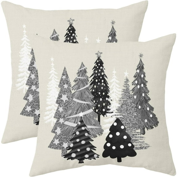 Grey Winter Christmas Tree Pillow Covers 16x16 Set of 2 Black Gray Xmas Decorative Throw Pillows Outdoor Farmhouse Seasonal Holiday Decoration Pillowcases Cushion Case Decor for Home Sofa Couch Bed