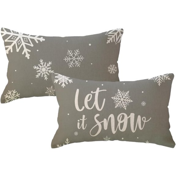 Grey Winter Holiday Decor Throw Pillow Cover 12x20 Set of 2 Farmhouse Christmas Decorations Snowflake/Let It Snow Winter Decorative Rectangular/Lumbar Cushion Covers for Sofa/Couch/Porch