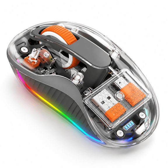 Grey Wireless Mouse, Transparent RGB Tri-Mode 2.4GHz Rechargeable Silent Portable for Laptops and