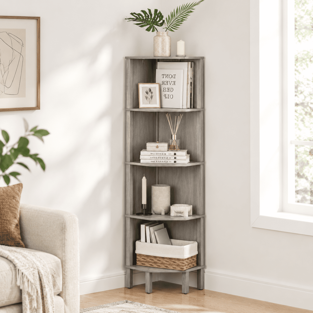 Grey Without Light 5 Tier Corner Bookcase Storage Stand for Living Room ...