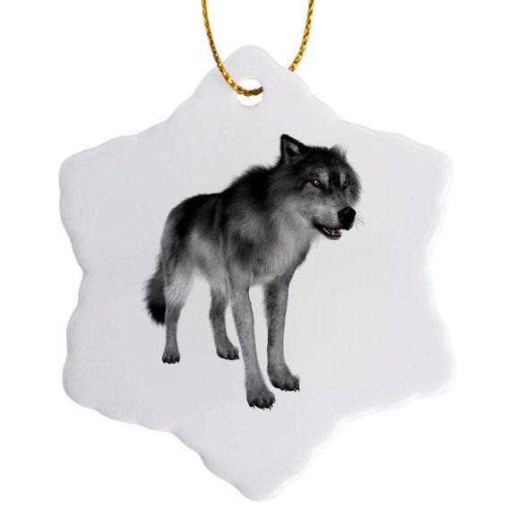 3drose, Grey Wolf, 3 inch Snowflake Porcelain Ornament